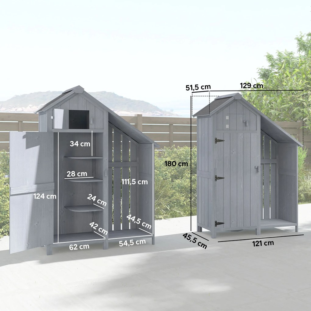 Outsunny Szafka ogrodowa drewniana, odporna na warunki atmosferyczne, z dachem bitumicznym, z półkami, 129 x 51,5 x 180 cm, szara | Aosom PL