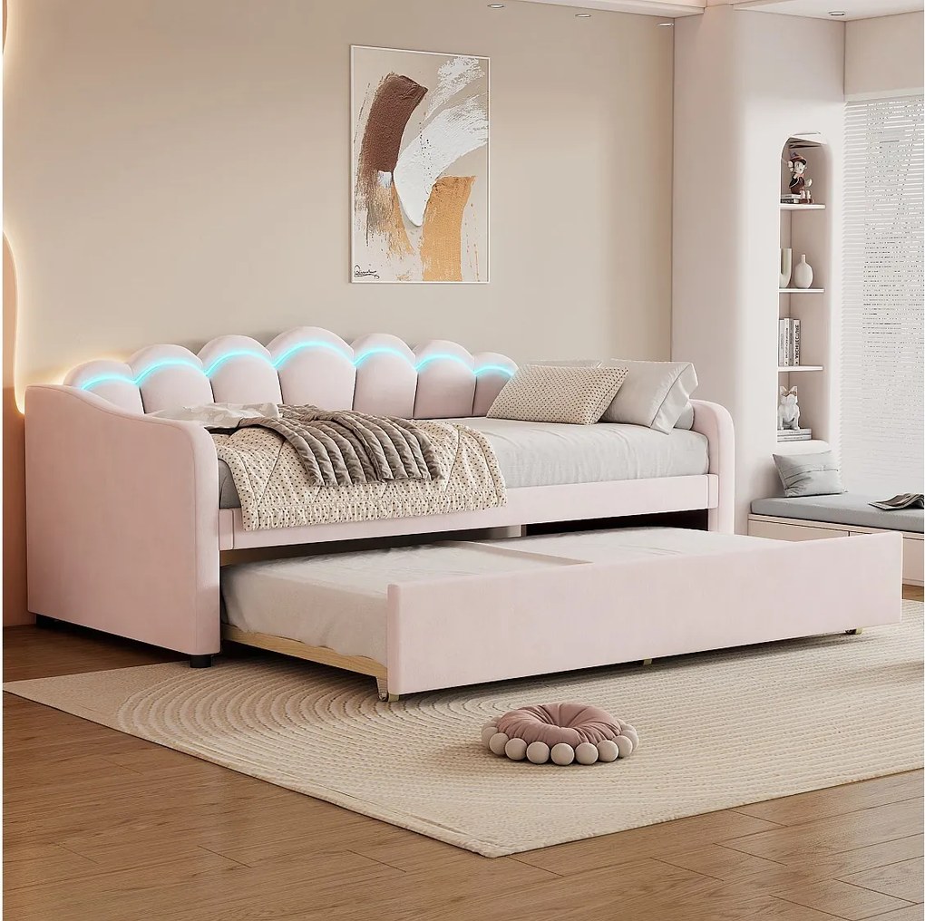 Łóżko wysuwane 90 x 200 cm + łóżko 90 x 190 cm, sofa rozkładana - welur - LED - kolor różowy (bez materaca)