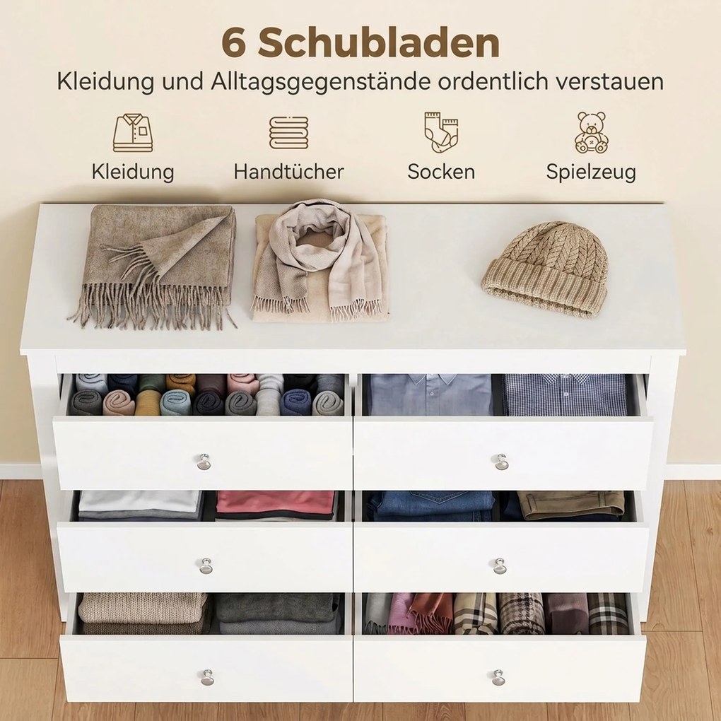 HOMCOM Komoda z 6 szufladami, sideboard z łatwojezdnymi prowadnicami do sypialni, salonu lub przedpokoju, 118 x 39,5 x 75,5 cm, biały | Aosom PL