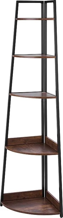 Półka Narożna SucceBuy z 5 Poziomami, Narożna Biblioteka, Wysokość 178 cm, Meble do Przechowywania na Ścianie z Metalową Ramą i Półkami z Drewna