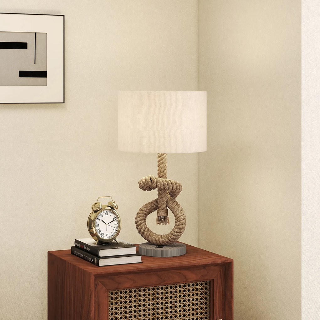 HOMCOM Lampka stołowa w stylu marynistycznym z portem USB, ciepły dekor z sznura, 30x30x55 cm