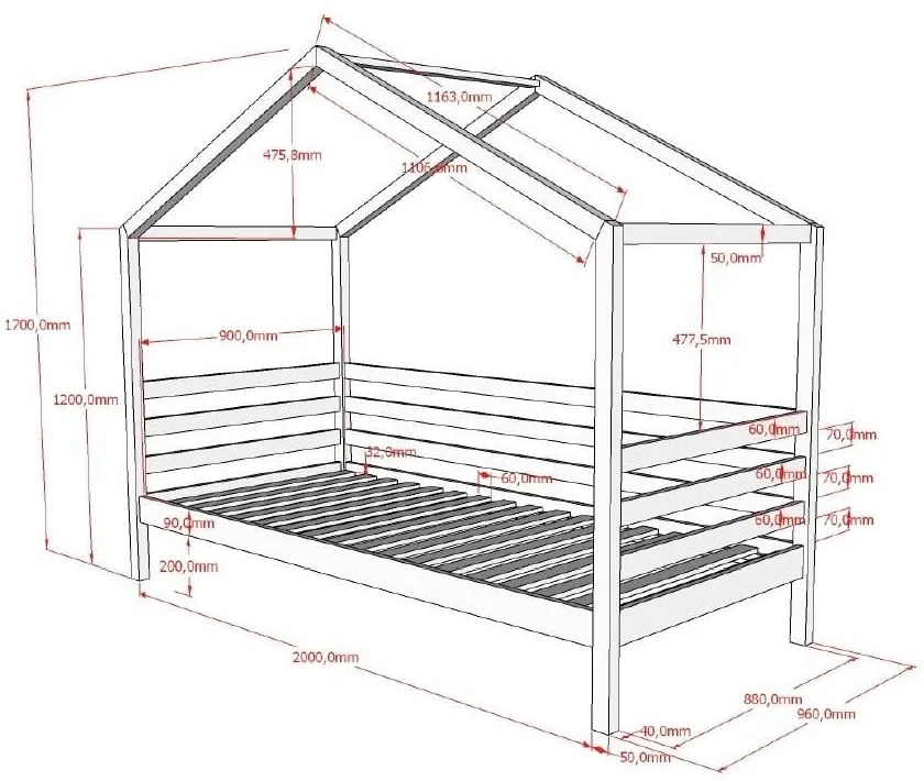 Białe łóżko dziecięce z litego drewna sosnowego w kształcie domku ze stelażem 90x200 cm Dallas – Vipack