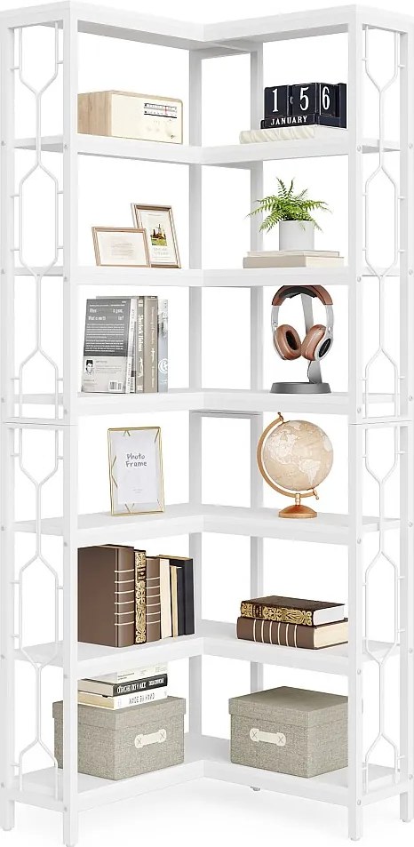 Narożny regał na książki, 7-poziomowy regał industrialny, półki narożne z drewna i metalu, wolnostojący regał ekspozycyjny do salonu