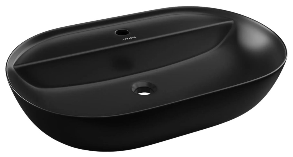 Umywalka ceramiczna nablatowa owalna czarna z otworem i z półką na mydło 60 x 41 cm DECOS Black z rantem Slim