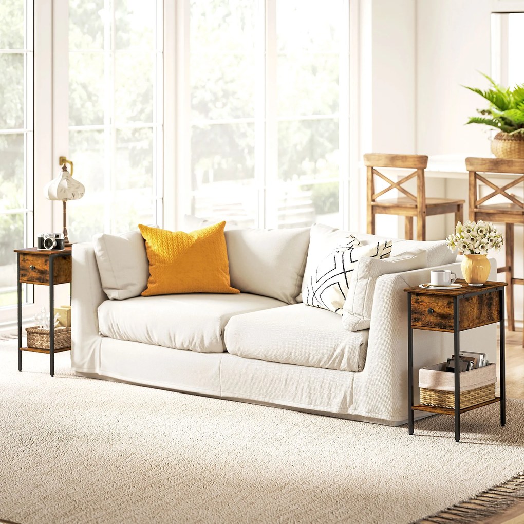 HOMCOM Stolik boczny z otwartą półką i szufladą, stolik nocny, metalowe nogi, drewno, brązowy