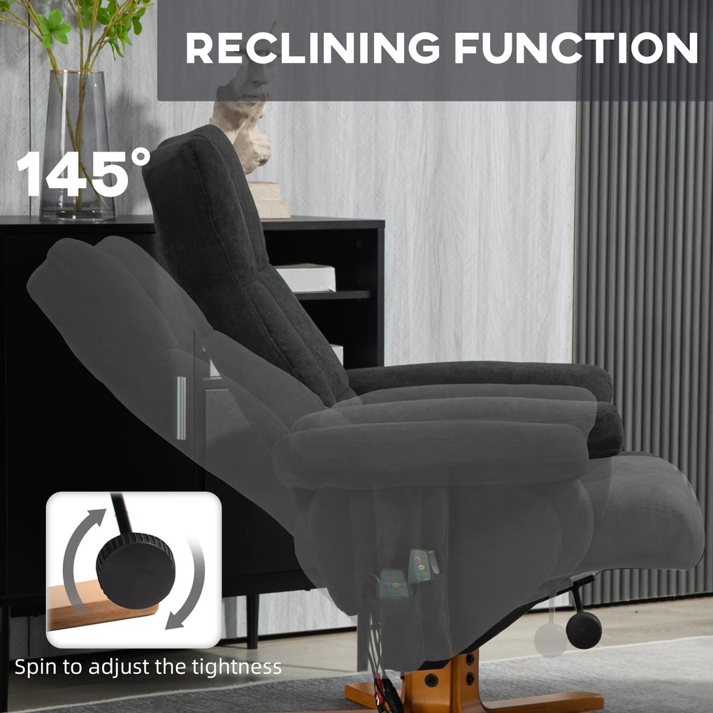 HOMCOM Fotel Masujący z Funkcją Leżenia i Podnóżkiem, Nachylenie 145°, Poliester, 80 x 86 x 99 cm, Czarny