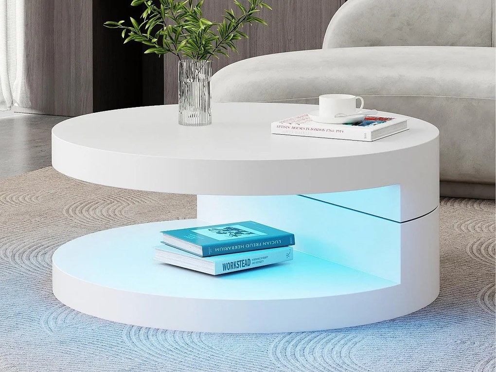 Obrotowy cylindryczny stolik kawowy 70×70×35,5 cm - Obrotowy blat 360° - z oświetleniem LED - biały