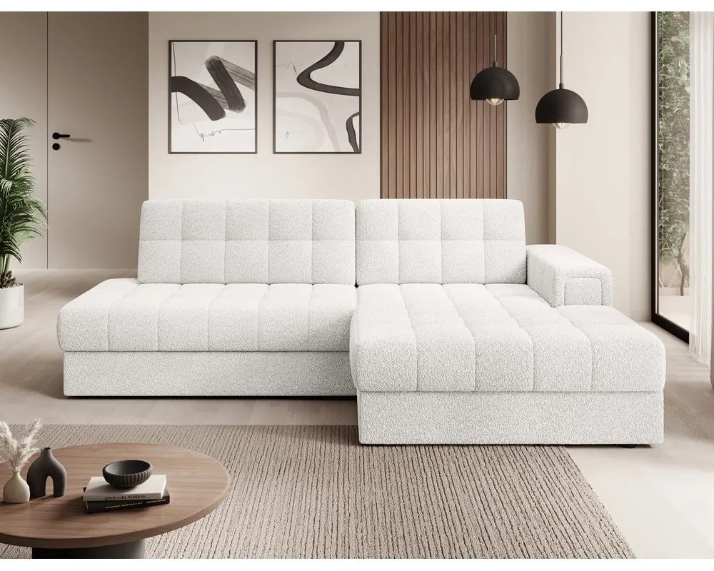 Kremowy rozkładany narożnik z materiału bouclé (prawostronny/z szezlongiem) Blezalt – ELTAP