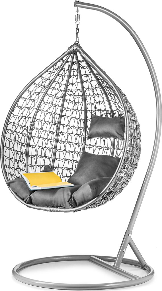 Szare krzesło wiszące KOKON ze stojakiem, szara poduszka