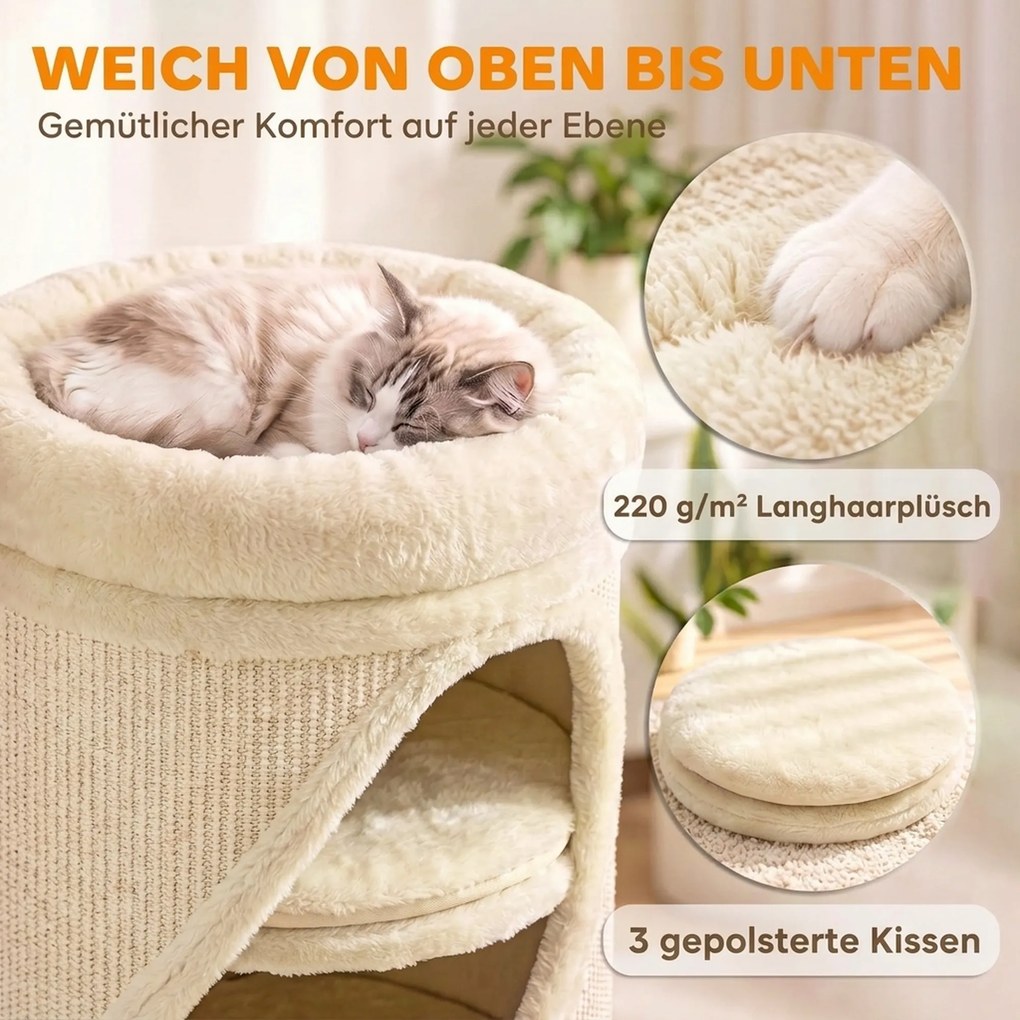 PawHut Beczka do drapania 75 cm wys. Ø 35 cm 4-poziomowa kocia beczka z 3 jaskiniami, zdejmowane prane pluszowe legowisko, mata z sizalu | Aosom PL