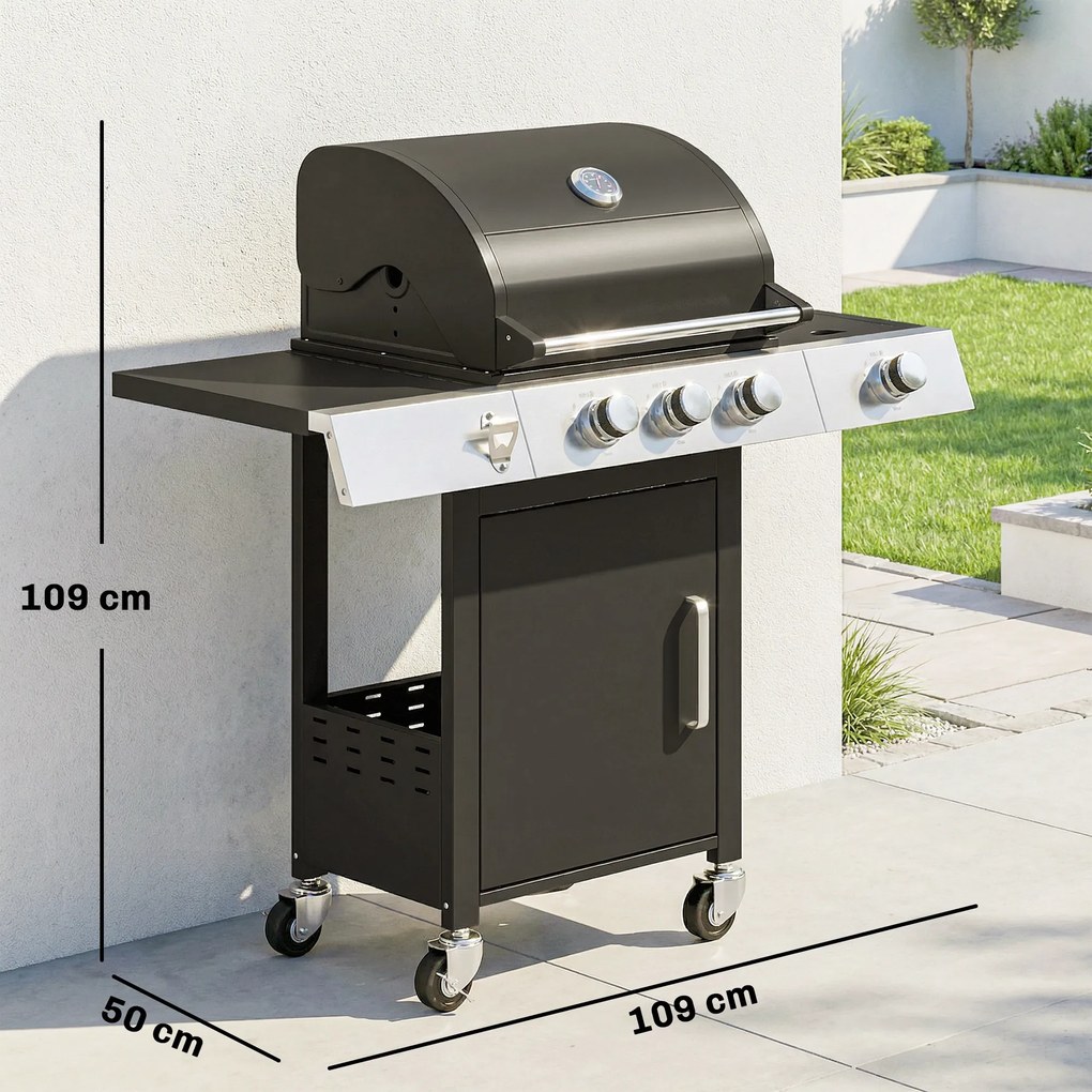 Outsunny Grill gazowy 10,5 kW 3+1 palniki BBQ wózek stal nierdzewna z bocznym palnikiem, otwieraczem do butelek i termometrem | Aosom PL