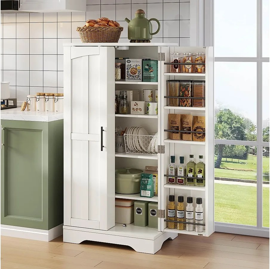 Wysoka komoda kuchenna - 60 x 40 x 120 cm - z oświetleniem LED + 2 drzwi z regulowanymi półkami i półkami na drzwiach - MDF - biała