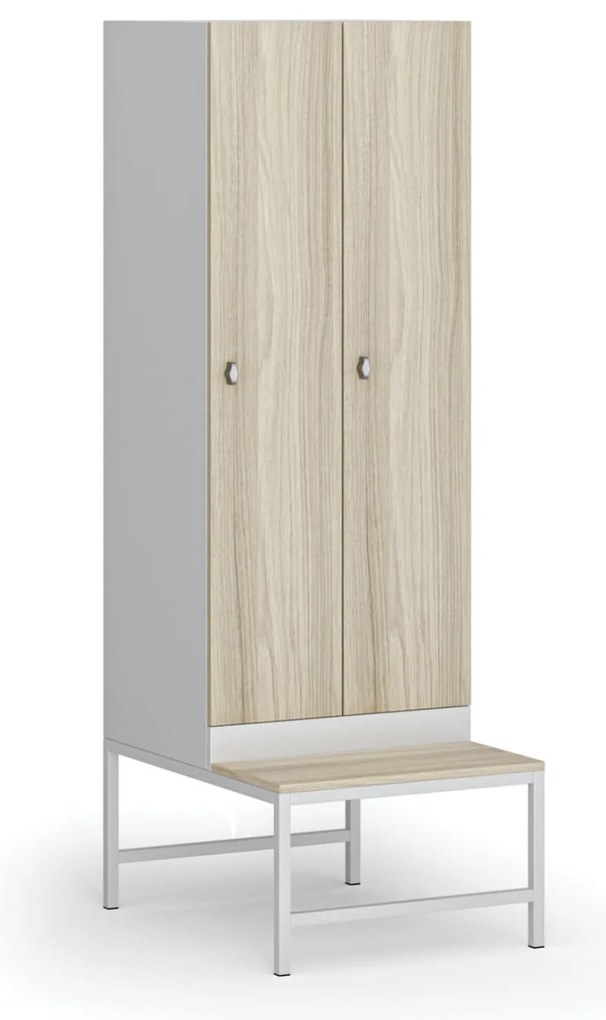 Szafka ubraniowa z ławką, 2-drzwiowa, 1875 x 600 x 500/800 mm, demontaż, zamek obrotowy, drzwi laminowane, dąb naturalny