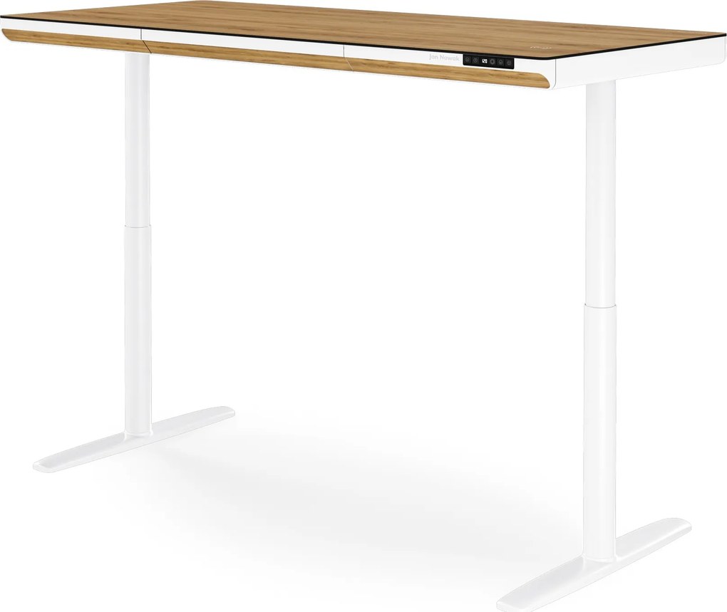 Biurko elektryczne sit-stand z szufladą i ładowarką bezprzewodową Qi białe/złoty dąb, 1600 mm: ELLIS