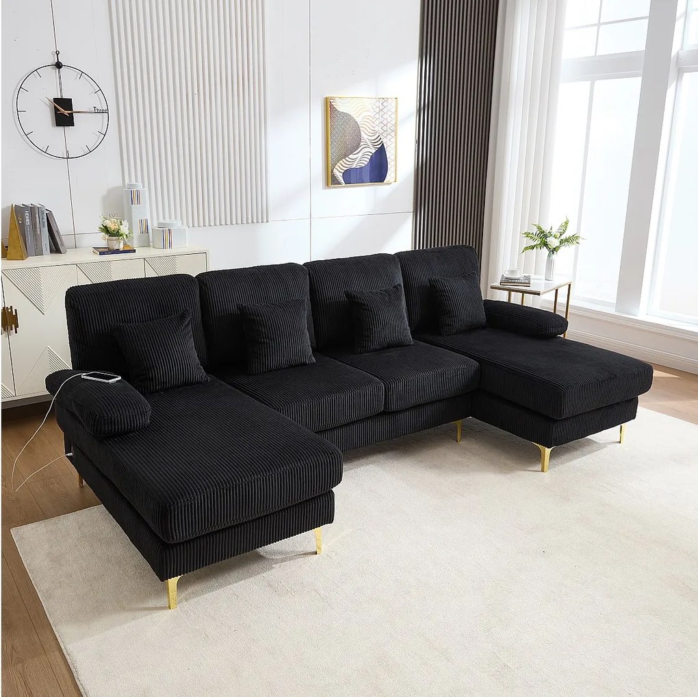 Aksamitna sofa narożna - Sofa narożna z oświetleniem LED i 4 poduszkami - port USB i podłokietniki - czarna