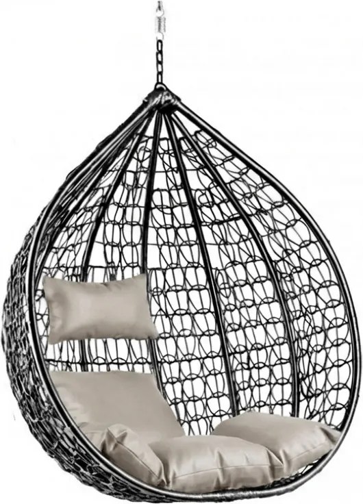 Czarne wiszące krzesło KOKON bez stojaka, jasna poduszka