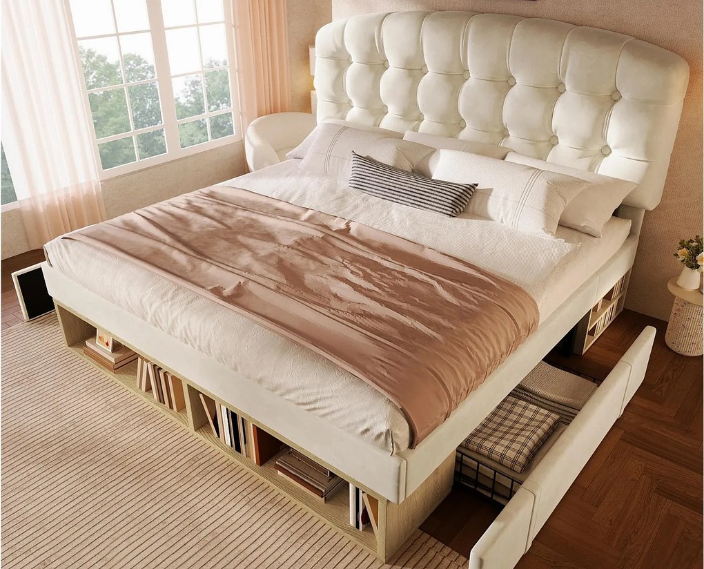 Tapicerowane łóżko podwójne 140x200cm - regulowane wezgłowie - z szufladami i miejscem do przechowywania - welur - Beżowy​ (bez materaca)