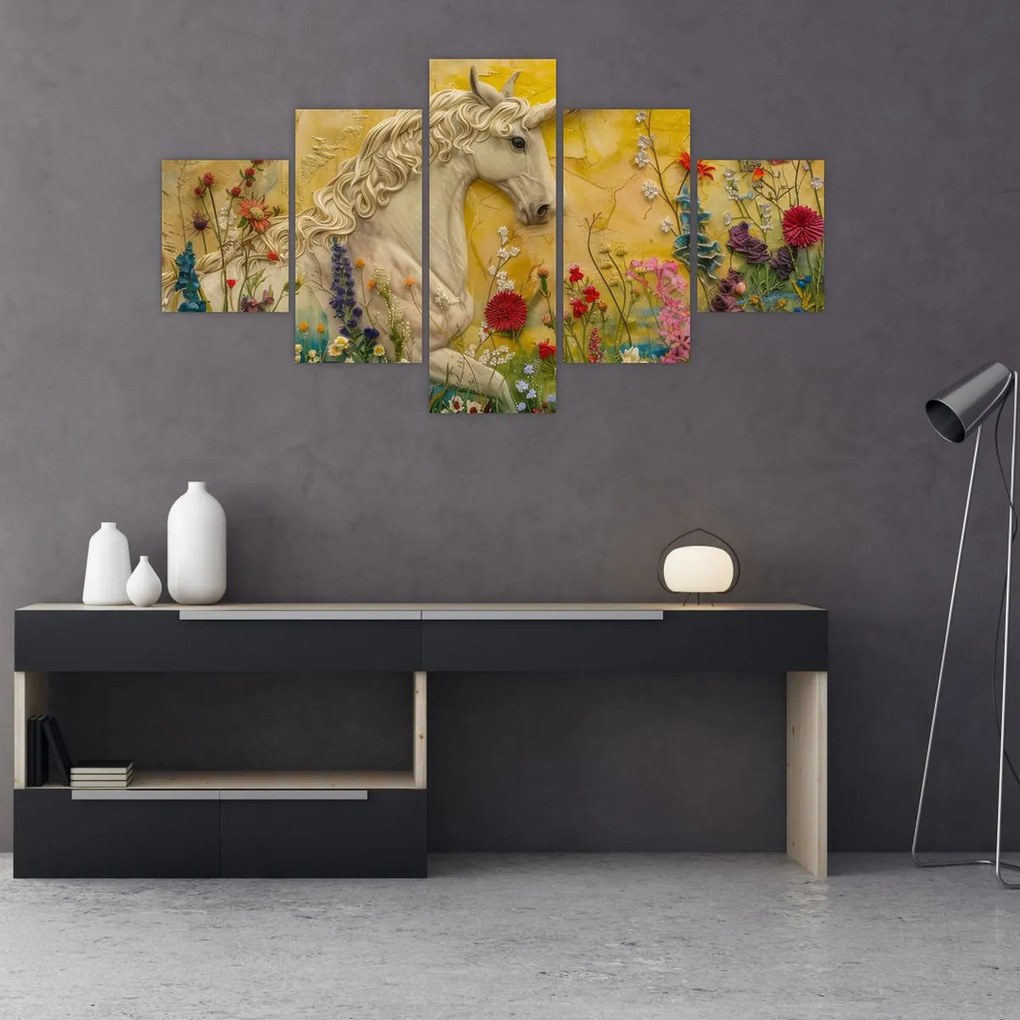 Obraz - Jednorożec z kwiatami (125x70 cm)