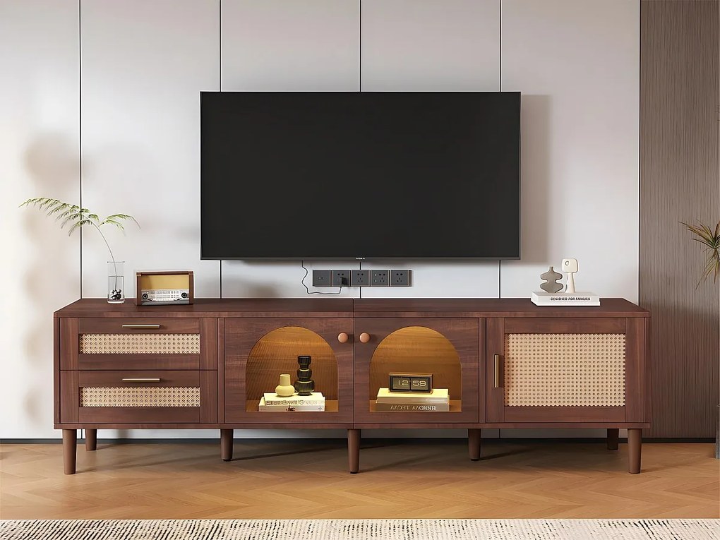 Meble TV 180 cm z oświetleniem LED - 2 szuflady z rattanu i 3 drzwi - Brązowy