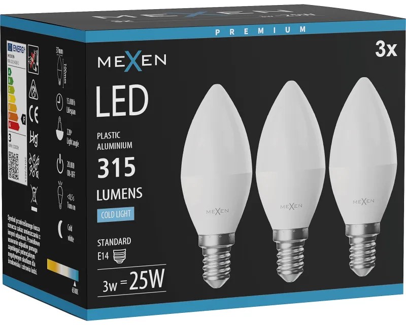Mexen Nova 3x żarówka LED E14, C37, 3W, Zimna - 6500K, 315 lm - L102-E14-0365-01x03