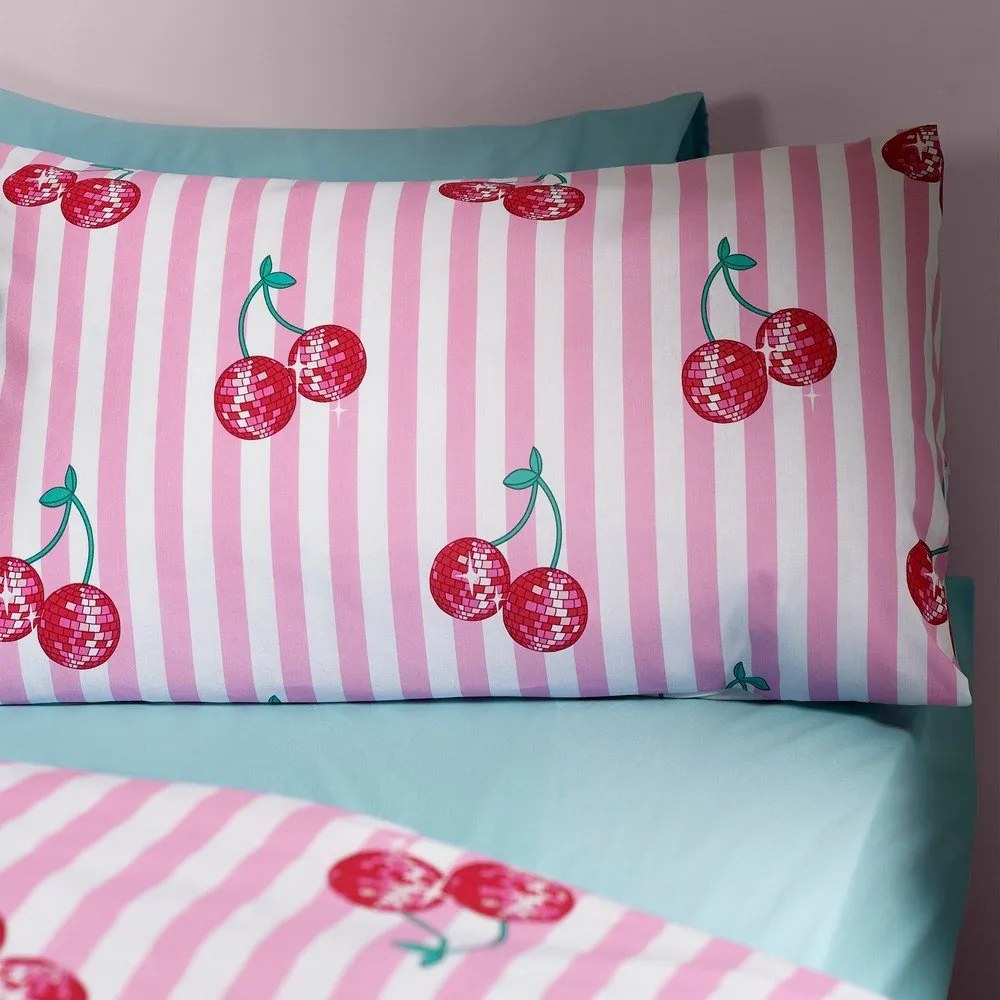 Biało-różowa pościel jednoosobowa 135x200 cm Disco Cherries Stripes – Catherine Lansfield