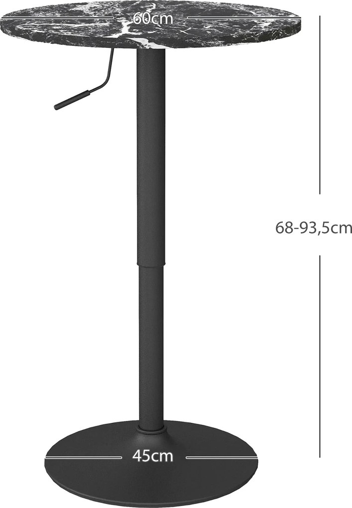 HOMCOM Stół Barowy dla 2 Osób, Regulowany Wysokościowo, Wygląd Marmuru, 60 x 60 x 68-93,5 cm, Czarny