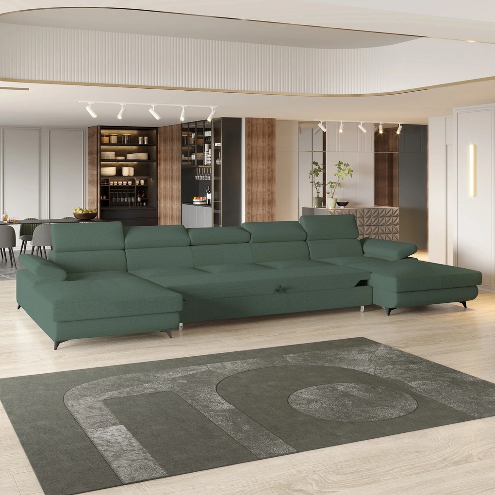 Masseno Narożnik VIVENTE z funkcją spania i pojemnikiem na pościel Narozniki U, Rozkładana sofa - Zielony, QUELLE 37