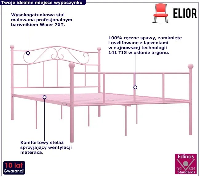 Różowe metalowe łóżko podwójne 120x200 cm - Fiosa