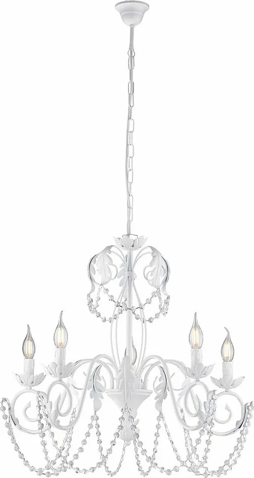 Damascus - Biały lakierowany żyrandol z żelaza z dekoracją w stylu shabby chic i kryształowymi cyrkoniami, 5 świateł, 125 - Ø63 - BL77-5-BCO