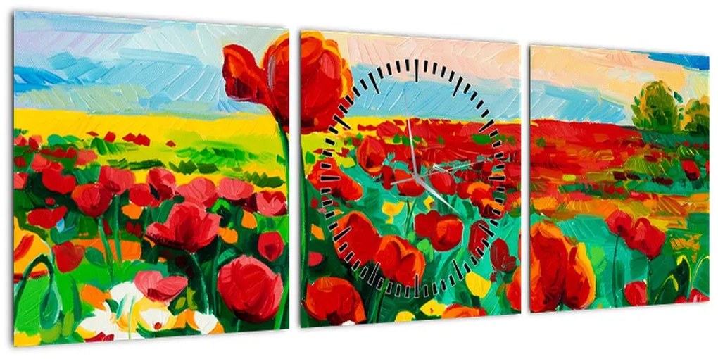 Obraz pola z makami (z zegarem) (90x30 cm)