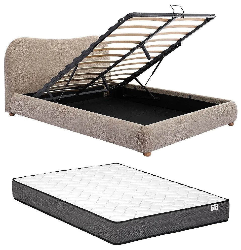 Łóżko ze skrzynią  160 x 200 cm - Tkanina - Taupe + Materac - VANARI