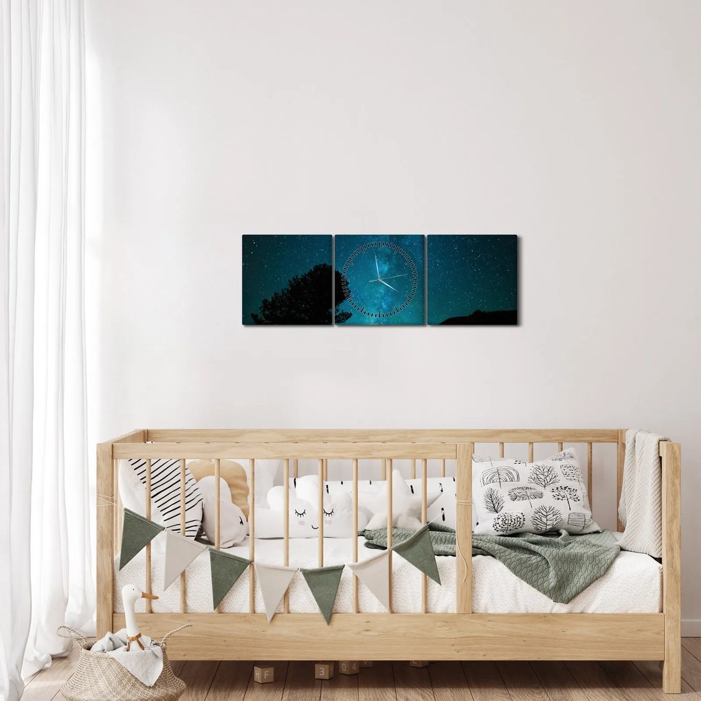 Obraz nocnego nieba z gwiazdami (z zegarem) (90x30 cm)