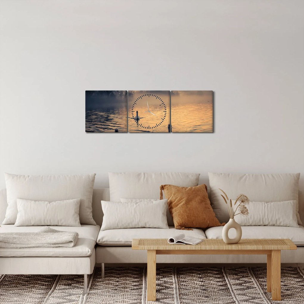 Obraz łabędzi na wodzie we mgle (z zegarem) (90x30 cm)