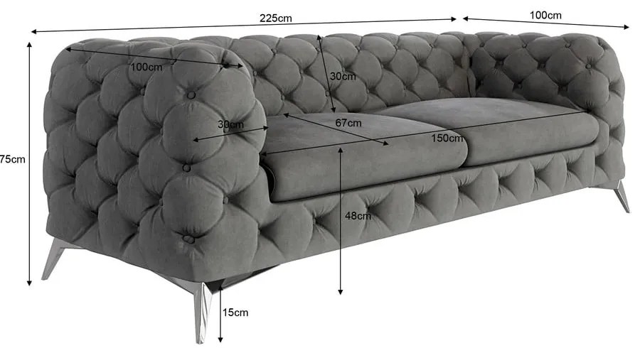 Szara aksamitna sofa 225 cm Chelsea – Ropez