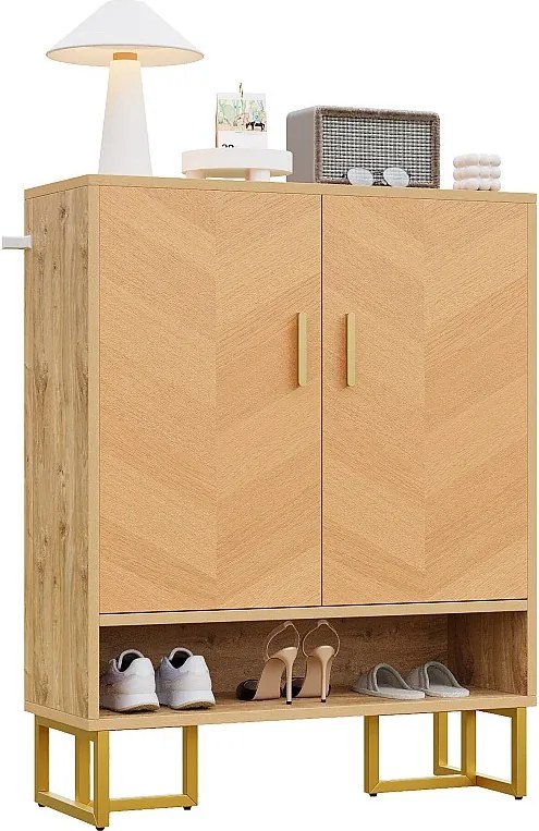 Nowoczesna szafka na buty - 80 x 38 x 100 cm - unikatowy rysunek drewna - złota rama żelazna - z 2 drzwiami - płyta MDF - naturalna