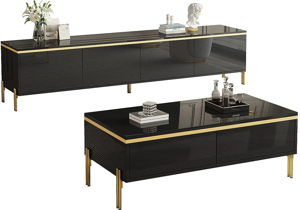 Nowoczesny, luksusowy zestaw składający się z szafki RTV i stolika kawowego - błyszcząca powierzchnia - z miejscem do przechowywania - płyta wiórowa - czarny