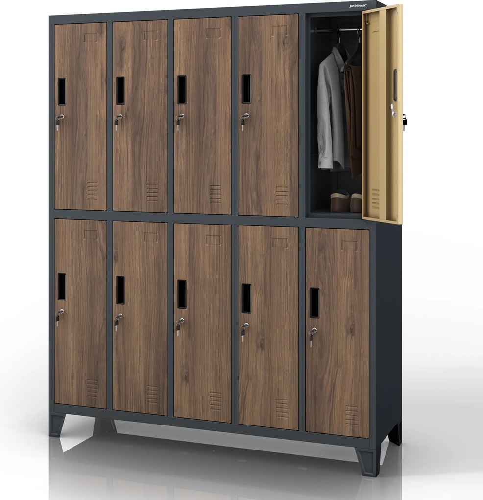 Szafa socjalna ubraniowa 10-drzwiowa antracytowa/orzech, 1360x1720x450 mm: BARTEK Eco Design