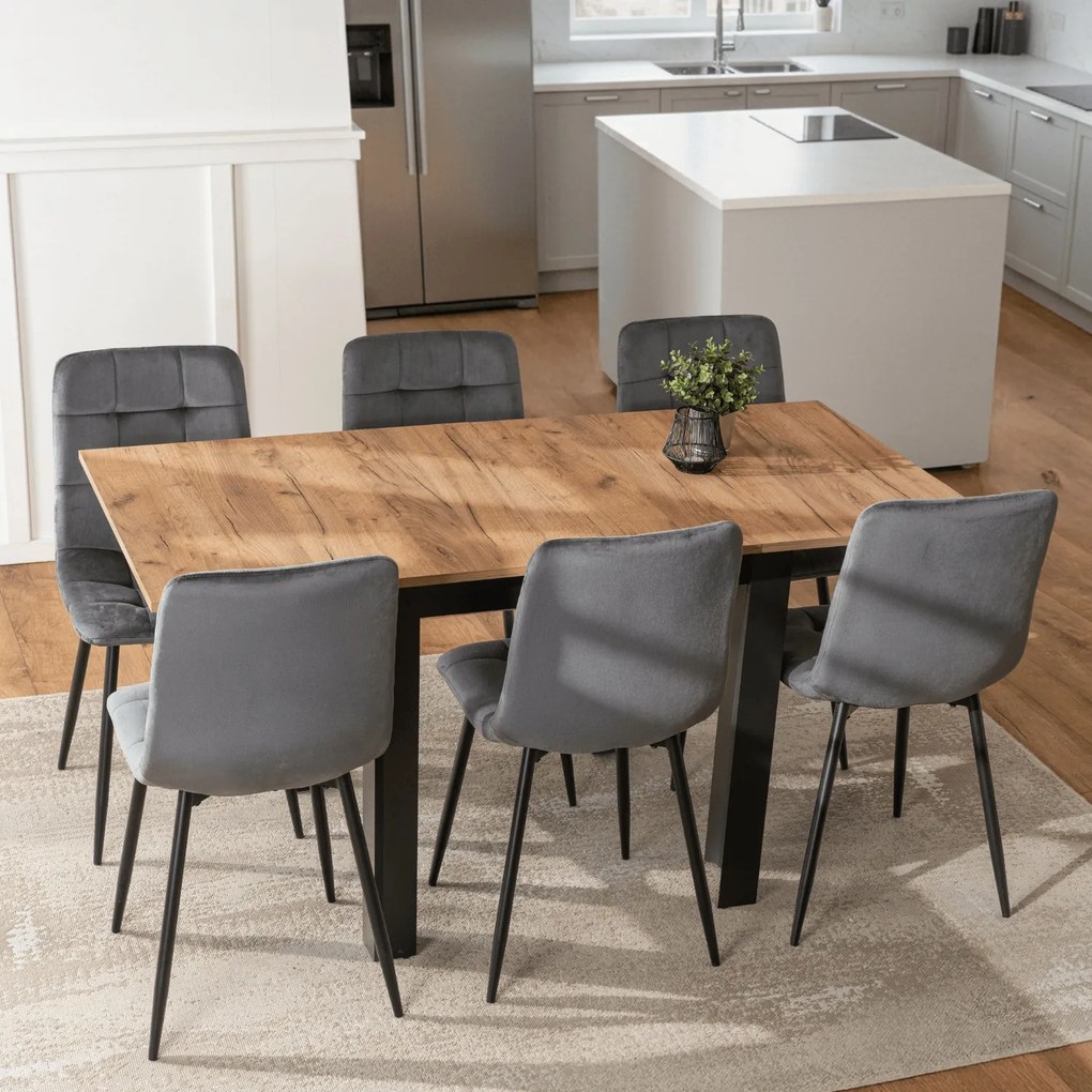 Zestaw Stół Kwadratowy Rozkładany MAX 80-160 cm Dąb Craft/Czarny i 6 Krzeseł PERU Szarych Welurowych