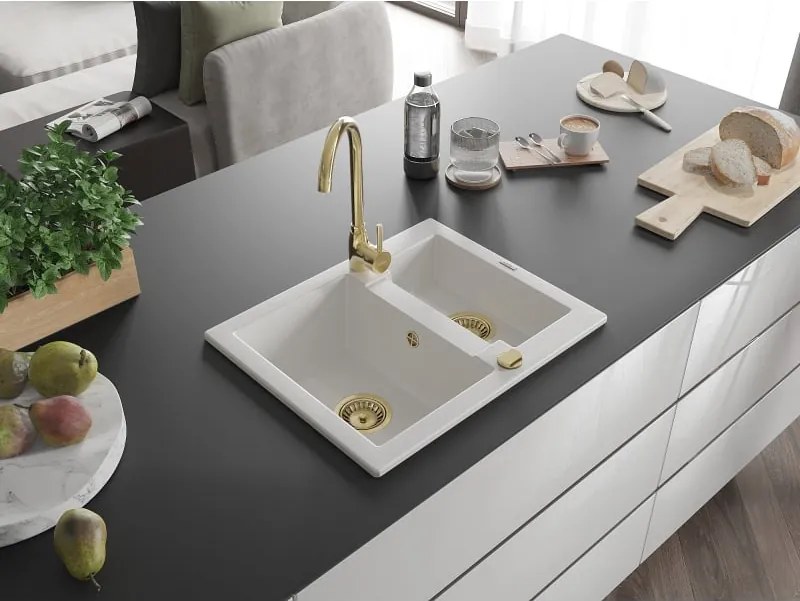 Mexen Carlos zlewozmywak granitowy 1,5-komorowy z baterią kuchenną Telma, biały - 6518-20-670200-50