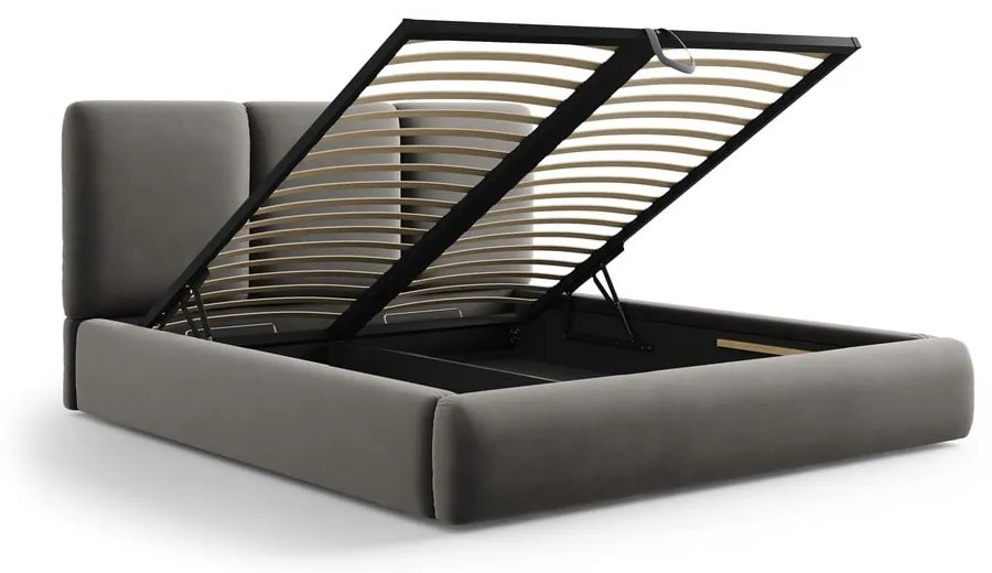 Szare aksamitne tapicerowane łóżko dwuosobowe ze schowkiem i stelażem 140x200 cm Brody – Mazzini Beds
