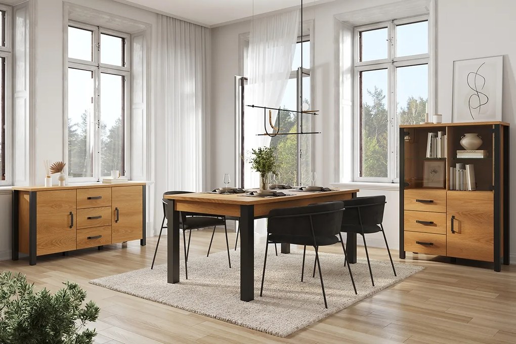 Komoda Olin 26 150 cm z szufladami - dąb karmelowy / czarny supermat - Oferta Limitowana
