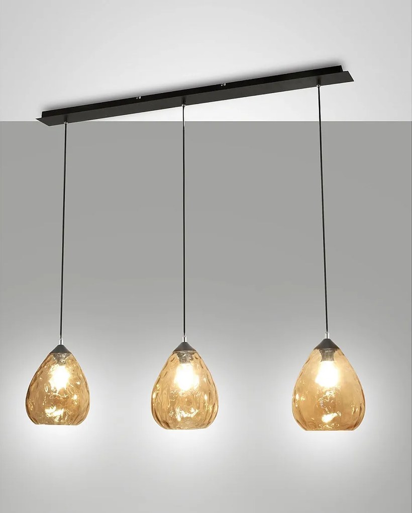 Lampa wisząca Gisella Amber z dmuchanego szkła z metalową ramą, gniazdo E27 3x60W, elegancki design do użytku wewnątrz pomieszczeń, IP20
