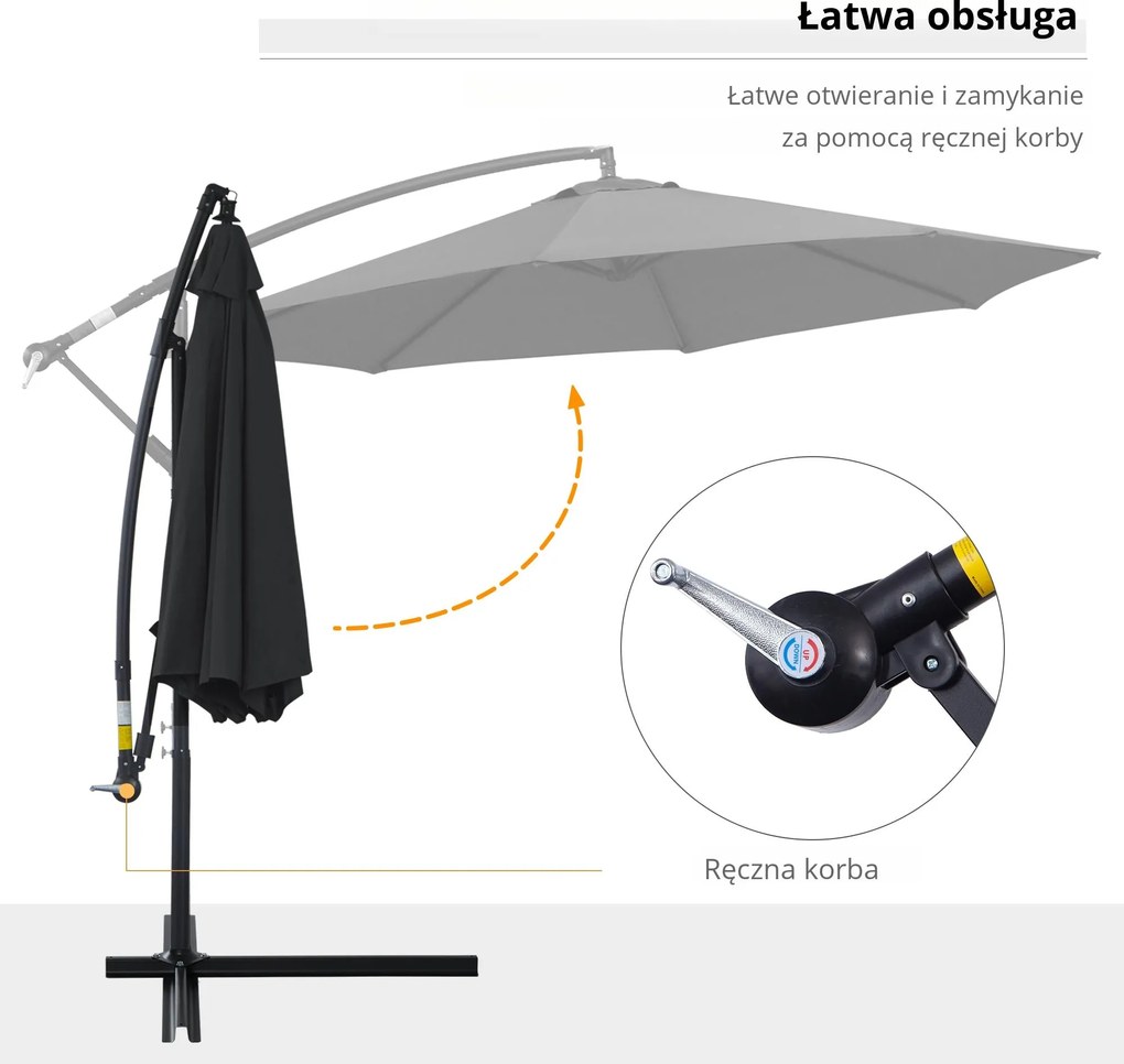 Outsunny Parasol na Wysięgniku z Korbką Ręczną Czarny Odpinany | Aosom PL