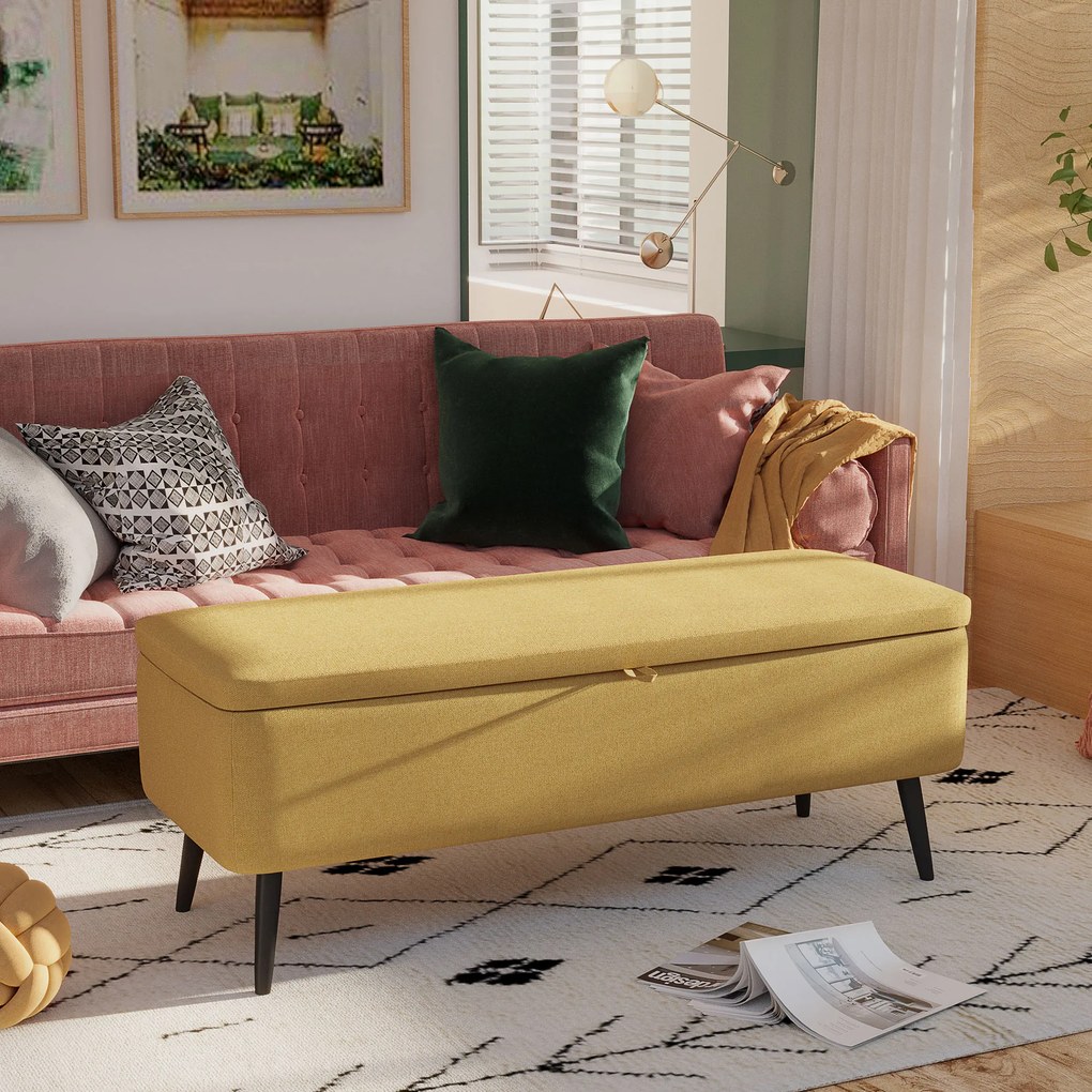 HOMCOM Ławka Tapicerowana z Miejscem Do Przechowywania, w Wyglądzie Lnu, Do 150 kg, 101x38,5x44,5 cm, Żółta