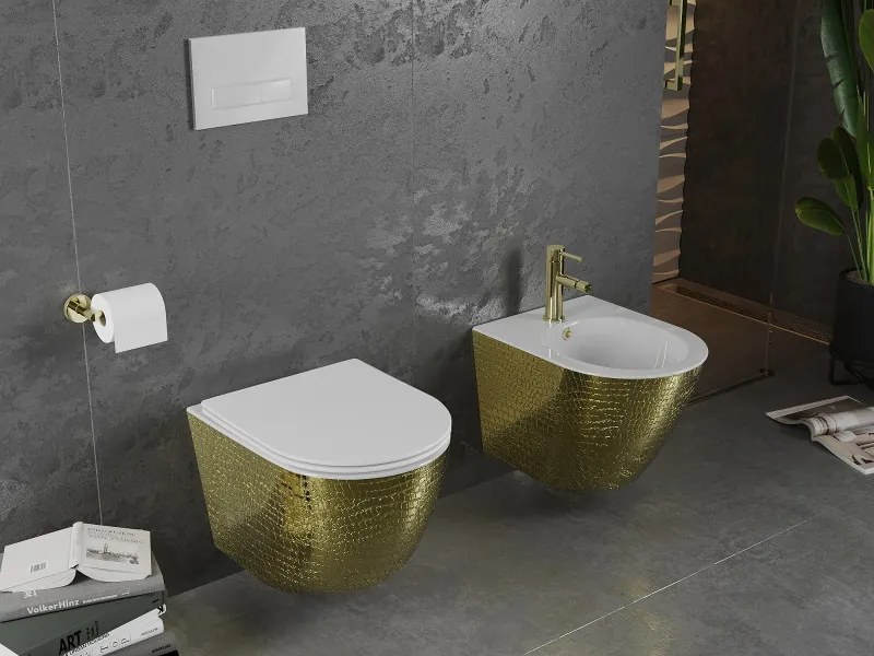 Mexen Lena miska wc Rimless z deską wolnoopadającą slim, duroplast, biała/złota wzór łuski - 30224008