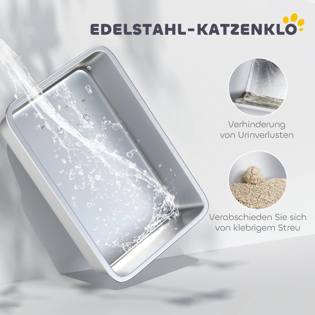 PawHut Kuweta, Wanny ze stali nierdzewnej, filtr, łopatka, dla kotów do 6 kg, 40,5 x 60,5 x 41,5 cm, Szary/Srebrny