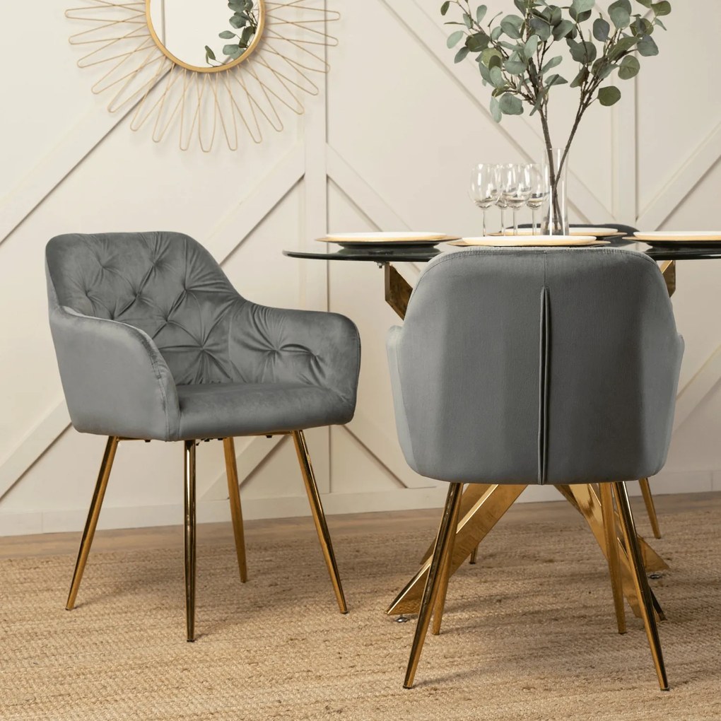 Zestaw Stół Okrągły SALLO 110 cm i 4 Krzesła Tapicerowane RAYA Szare Glamour