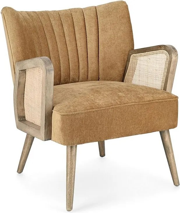 Musztardowy fotel z tkaniny z efektem aksamitu, drewniane nogi i podłokietniki - VIRNA