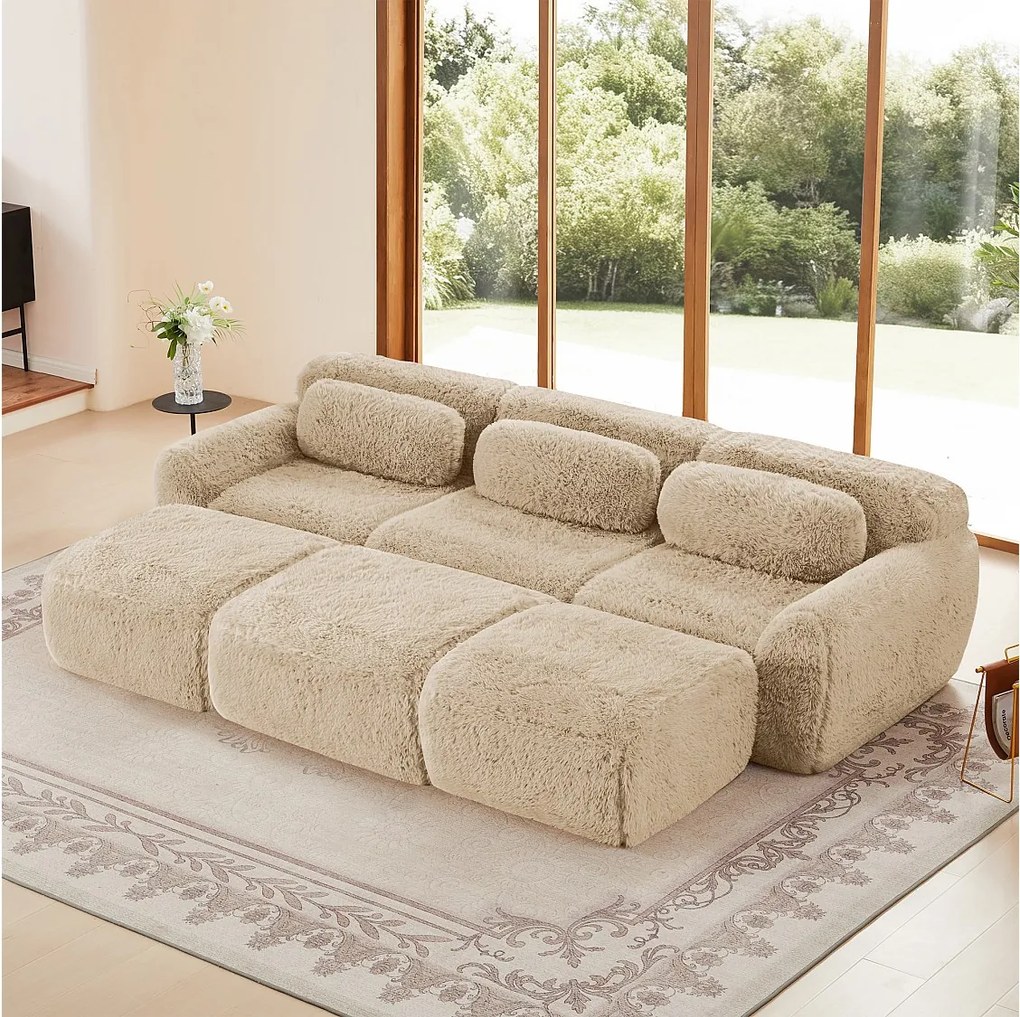 Modułowa Sofa Narożna w tkaninie pluszowej, z 3 pufami i 3 poduszkami, 291x179x73cm, Khaki