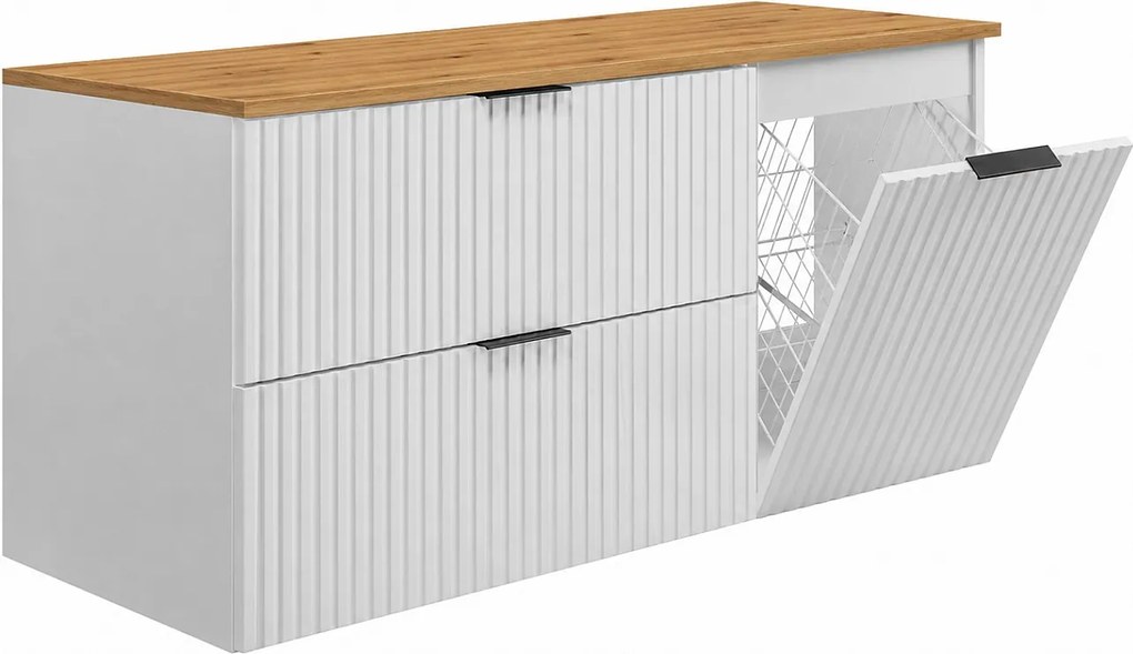 Zestaw mebli łazienkowych z koszem i blatem, czarne uchwyty, biały/jasny dąb, 120 x 46 x 58,6 cm